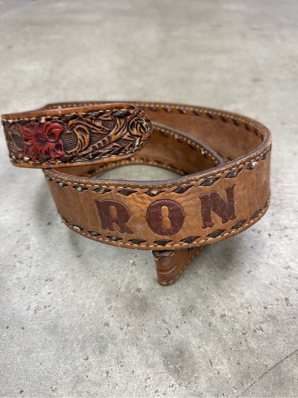 Vintage Tooled Leather Snap Buckle Belt